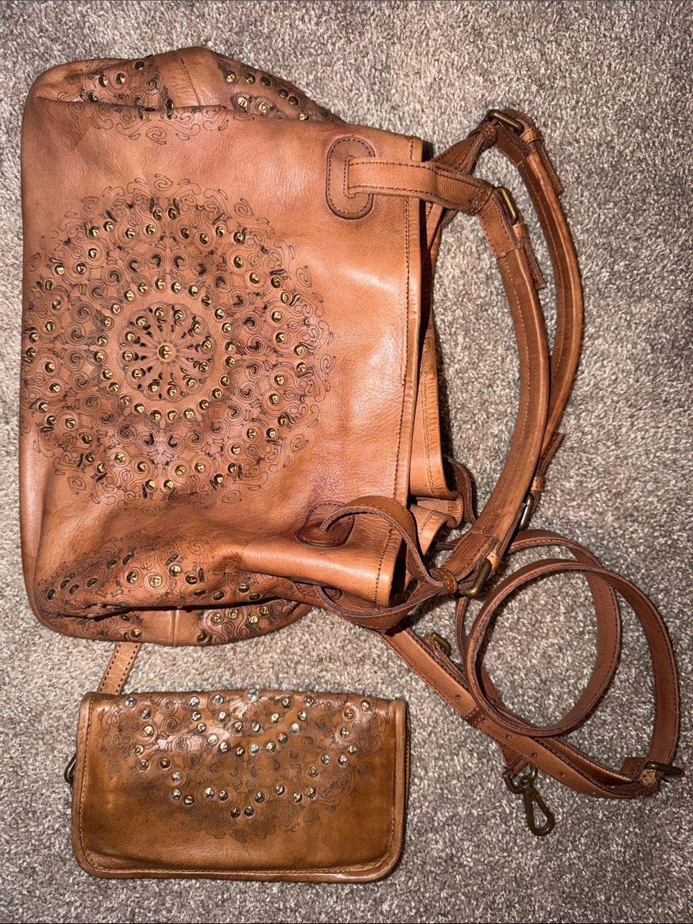 Platanoa Genuine Leather Studded Crossbody Bag and Wallet Set - Tan - Italy